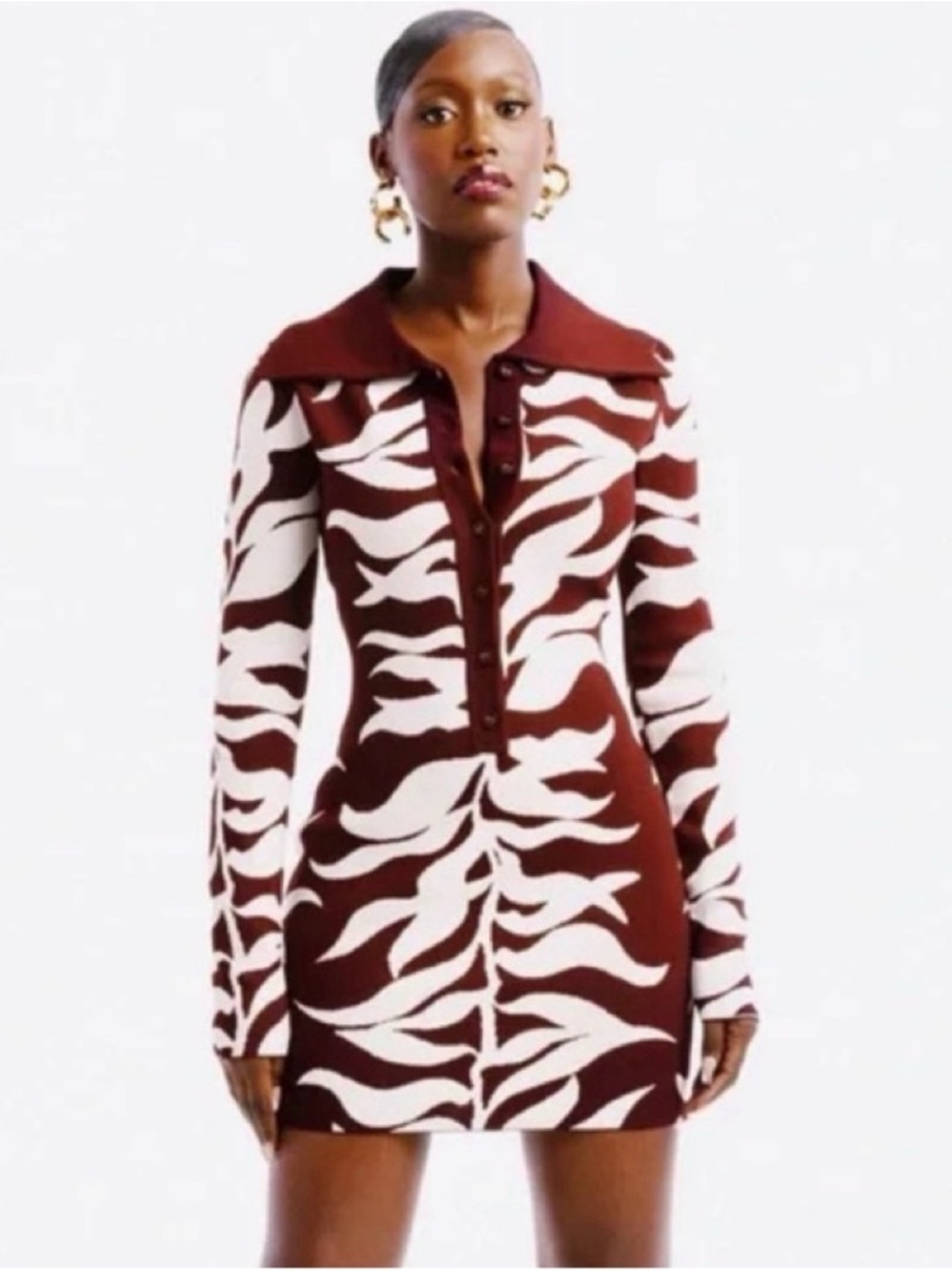 HANIFA Plum and White Patterned Long-Sleeve Mini Dress
